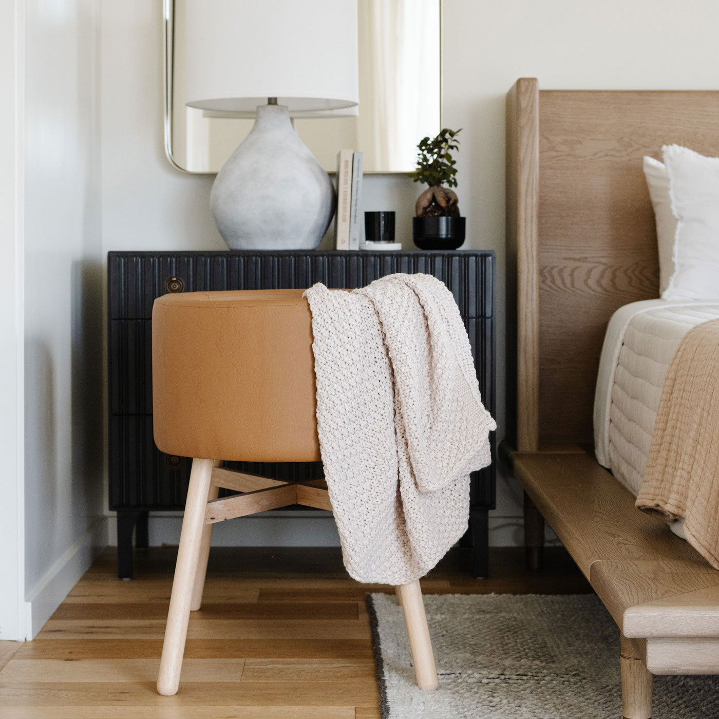 Babyletto x GATHRE Capsule Bassinet - Camel next to parent's bed