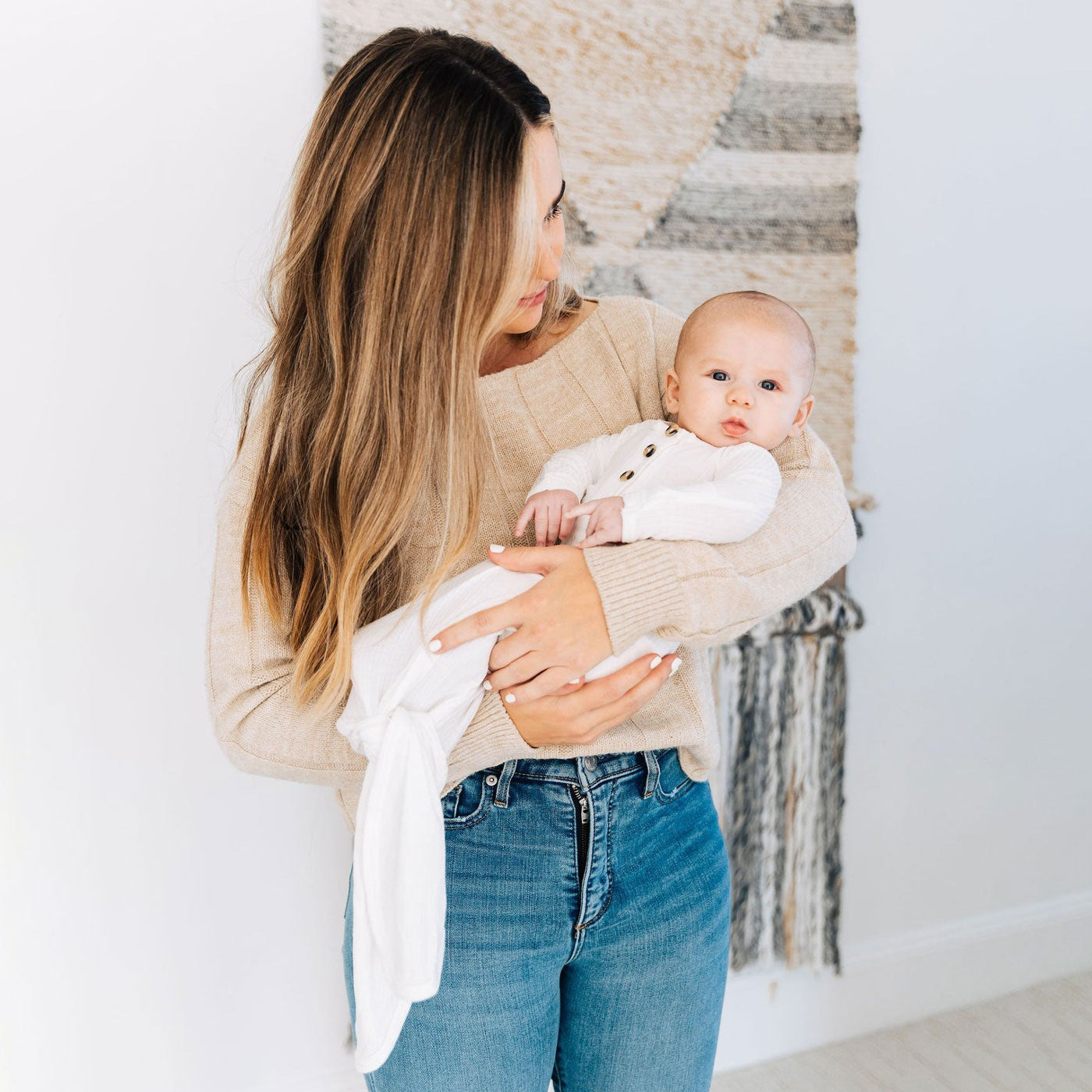 Mom holding baby wearing Lou Lou and Company Ribbed Knotted Gown - Wren