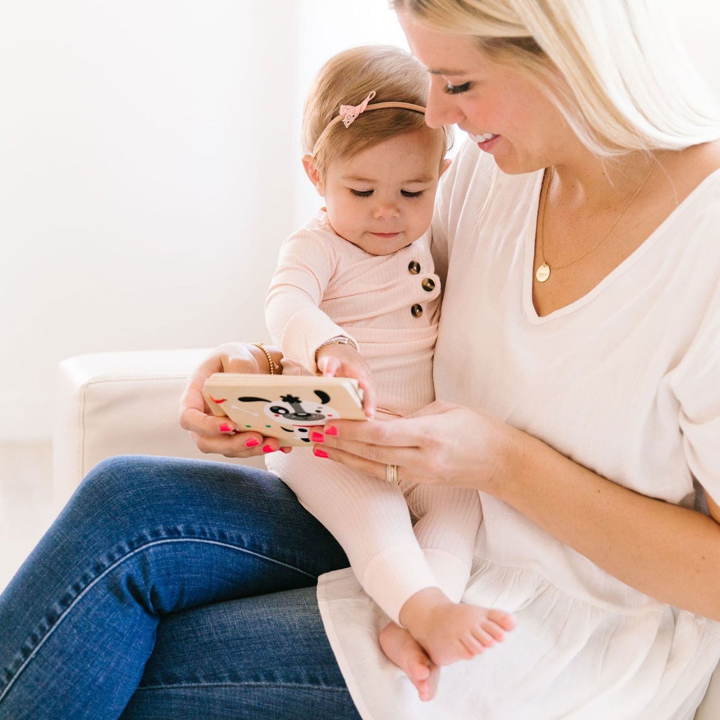Mom holds toddler wearing Lou Lou and Company Ribbed Top and Bottoms - Rosie