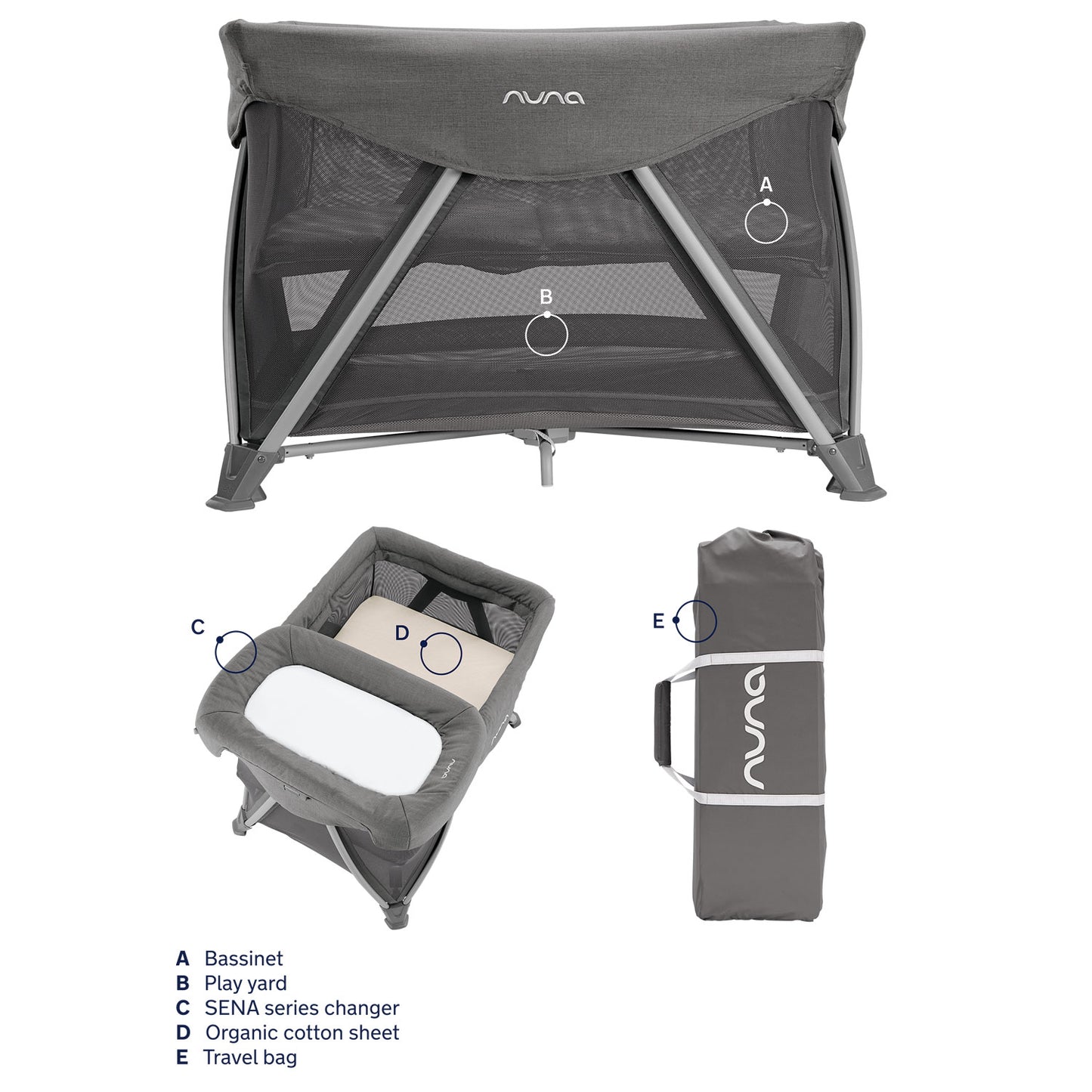 Nuna SENA Aire Play Yard with Zip-Off Bassinet and Changer - Granite