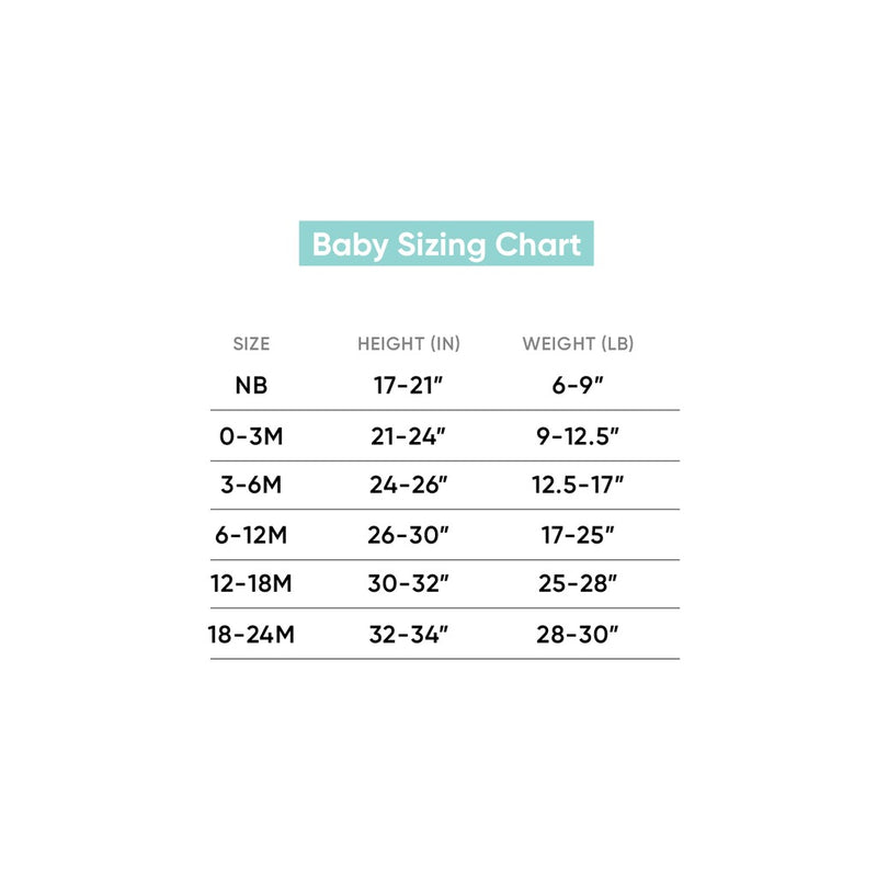Sizing chart for Copper Pearl Zip-up Footie - Oat