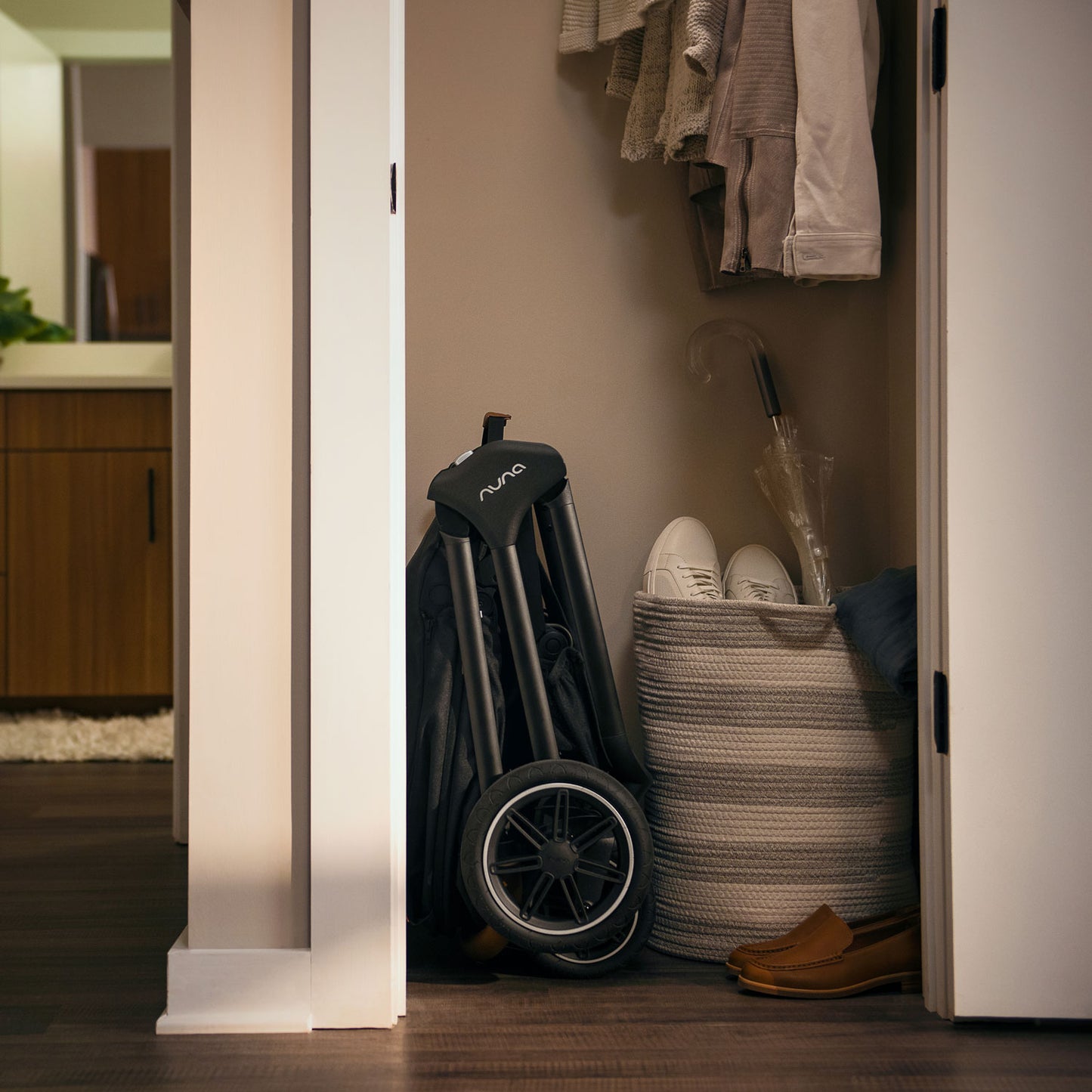 Nuna TRIV Next Stroller folded in closet