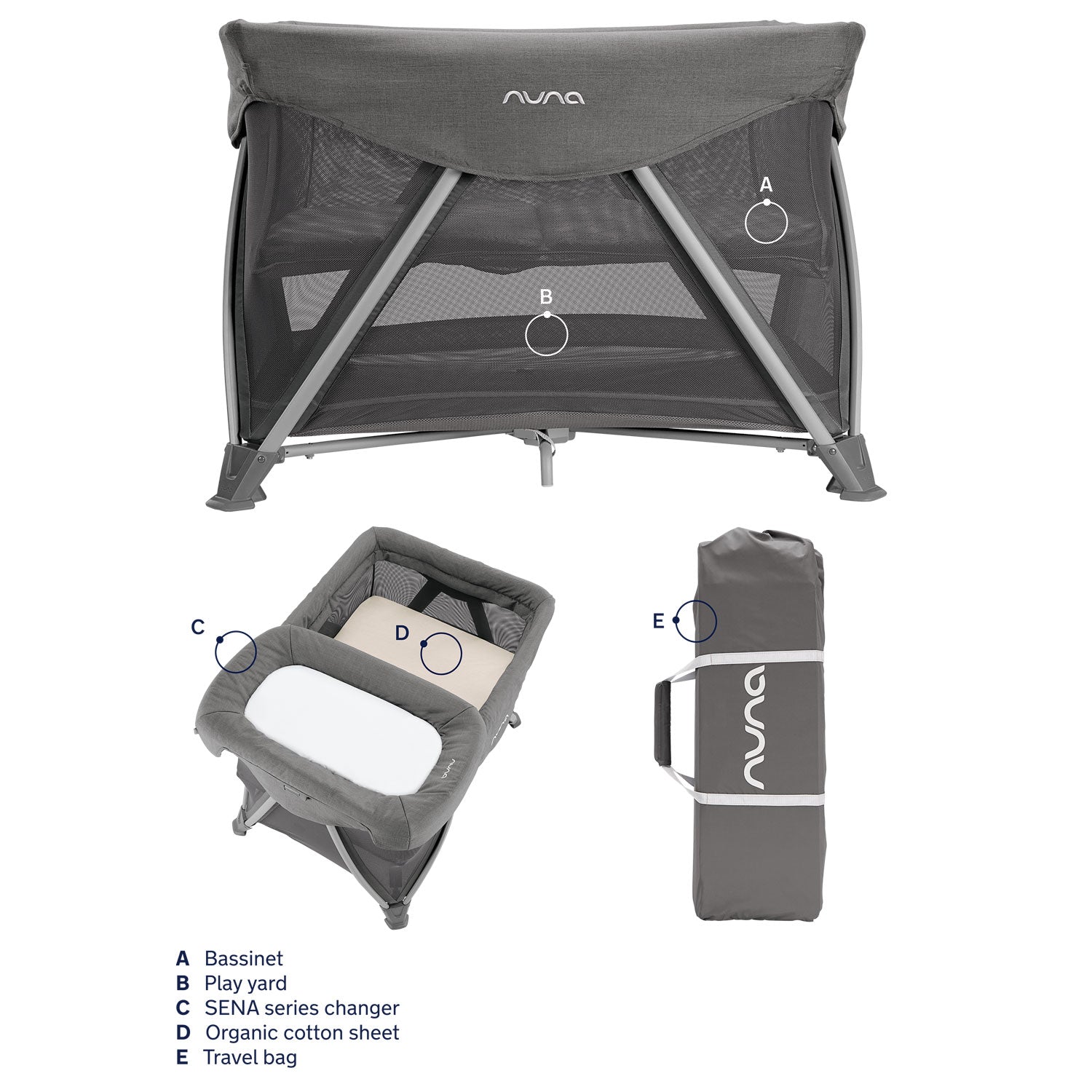 Nuna SENA Aire Play Yard with Zip-Off Bassinet and Changer - Granite